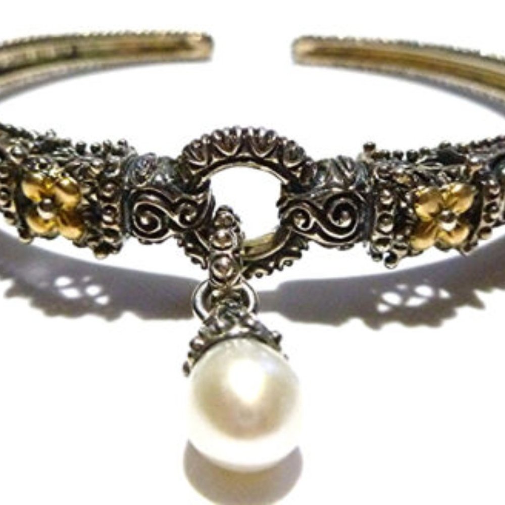 Barbara Bixby 925 & 18K Gold Cuff Bracelet 7" w/ Pearl Drop Including Pouch